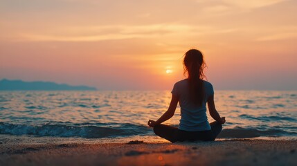 Fototapeta premium Serene Sunset Meditation on Beach with Calm Ocean Waves and Beautiful Sky Colors