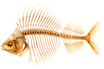 Fish skeleton showing bones and fins isolated on a transparent background white background