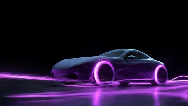 Futuristic sports car moving fast with glowing purple lights. Modern electric vehicle design with neon streaks. Electric vehicle concept animation for technology footage.