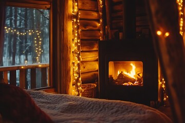cozy cabin lit with string lights and fireplace glow