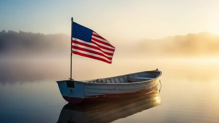 Serene Sunrise: American Flag on Rowboat in Misty Lake - Powered by Adobe