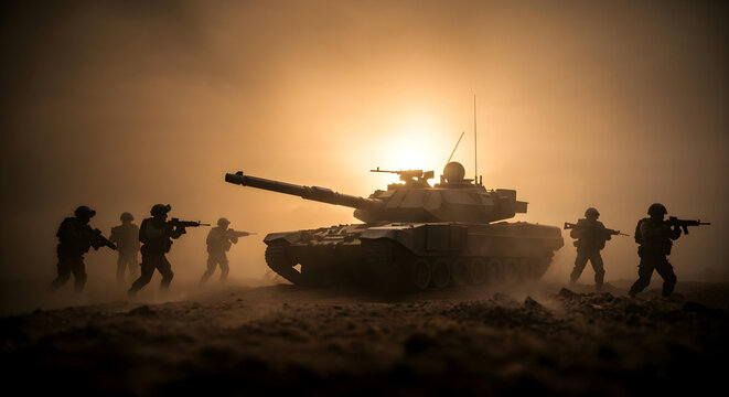 Battle tank advances through smoky battlefield with soldiers in formation.









