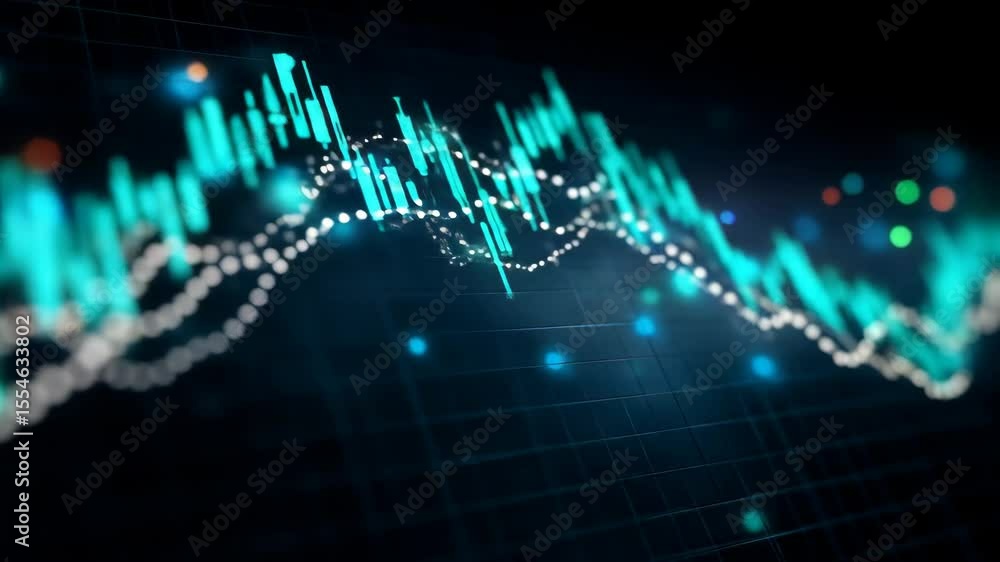 Poster digital stock market chart displaying financial data with rising bars and lines. graph visualization