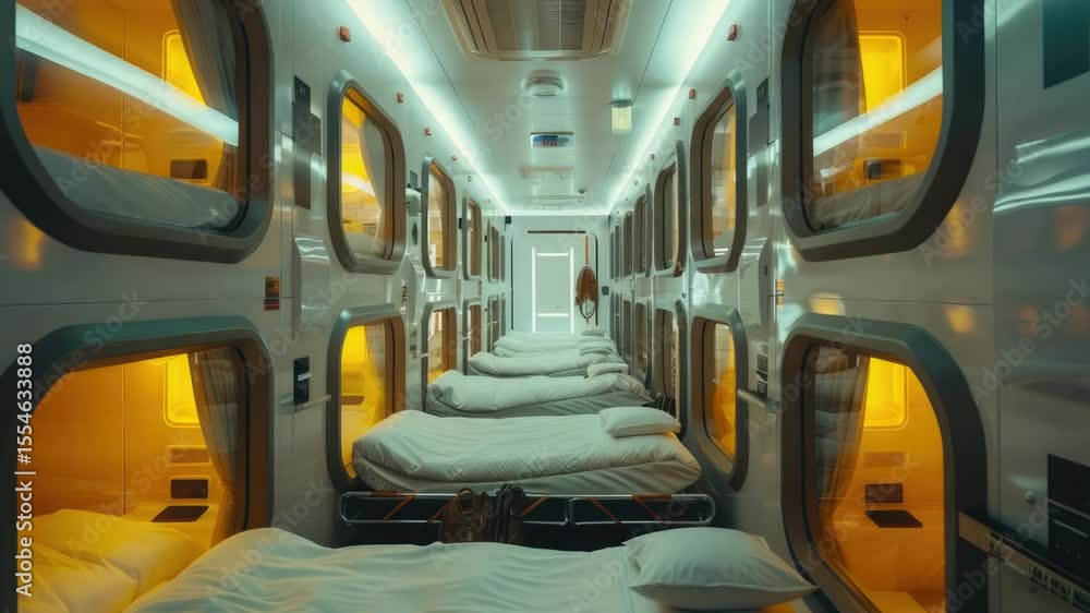 Poster a row of beds sitting inside a train car with a simple and compact description, ideal for travel or 