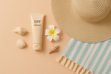Sunscreen cream, seashells, frangipani flower, straw hat, beach towel preparing for summer vacation