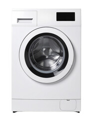 A modern front-load washing machine appliance isolated on a white background for household laundry and cleaning