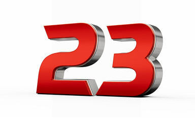 Metallic Red number 23 Twenty three with silver edges stands on a white background. 3d illustration