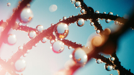  Macro and Close-Up Shot of Rusted Metal Wire Covered in Dew Drops Reflecting Distorted Miniature Worlds, Featuring Highly Detailed Textures and a Poetic Industrial Mood