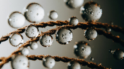  Macro and Close-Up Shot of Rusted Metal Wire Covered in Dew Drops Reflecting Distorted Miniature Worlds, Featuring Highly Detailed Textures and a Poetic Industrial Mood