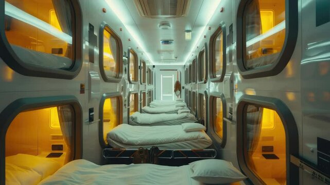 A row of beds sitting inside a train car with a simple and compact description, ideal for travel or transportation themed projects