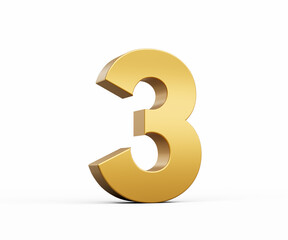 3D Golden number 3 Three isolated on white background, 3d illustration