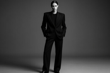 Businesswoman posing in studio wearing black suit and t-shirt