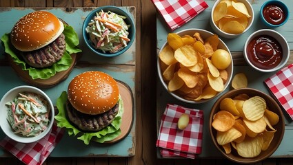 A Gastronomic Feast: a mouth-watering spread of juicy burgers, crispy chips, fresh coleslaw, and savory sauces laid out on a rustic table setting.