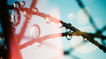  Macro and Close-Up Shot of Rusted Metal Wire Covered in Dew Drops Reflecting Distorted Miniature Worlds, Featuring Highly Detailed Textures and a Poetic Industrial Mood