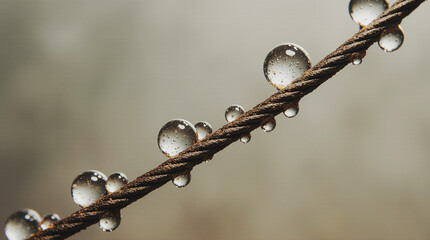  Macro and Close-Up Shot of Rusted Metal Wire Covered in Dew Drops Reflecting Distorted Miniature Worlds, Featuring Highly Detailed Textures and a Poetic Industrial Mood