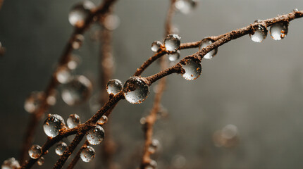  Macro and Close-Up Shot of Rusted Metal Wire Covered in Dew Drops Reflecting Distorted Miniature Worlds, Featuring Highly Detailed Textures and a Poetic Industrial Mood