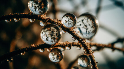  Macro and Close-Up Shot of Rusted Metal Wire Covered in Dew Drops Reflecting Distorted Miniature Worlds, Featuring Highly Detailed Textures and a Poetic Industrial Mood