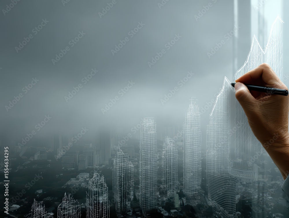 Poster hand drawing graph on window overlooking urban skyline with fog and clouds in modern cityscape setti