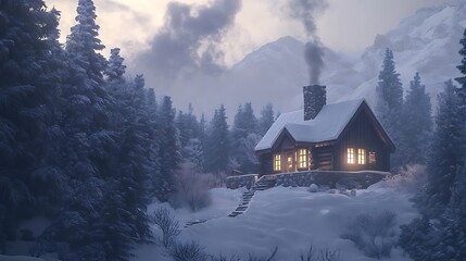 twilight mountain cabin in snowy forest at Cozy