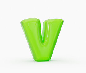 Green colorful shiny jelly alphabet V isolated on white background. 3d illustration