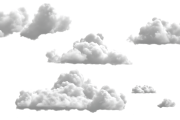 Fluffy white cumulus clouds scattered across isolated on a transparent background