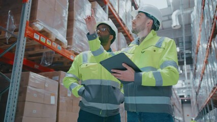 African American engineer with beard observing warehouse shelves while standing next to colleague. Focused male specialist holding tablet and checking digital records or coordinating stock levels. - Powered by Adobe