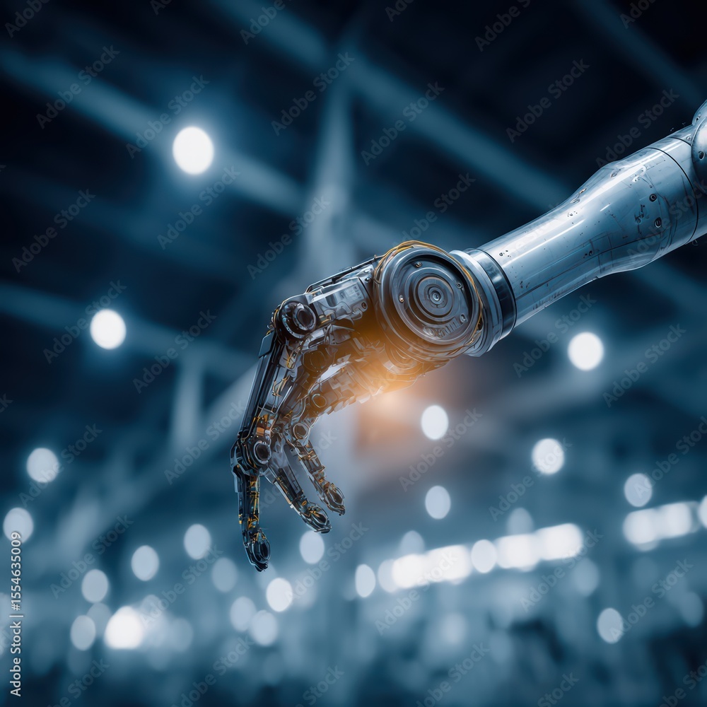 Poster futuristic robotic hand technology in an industrial setting with blurred background and bright light