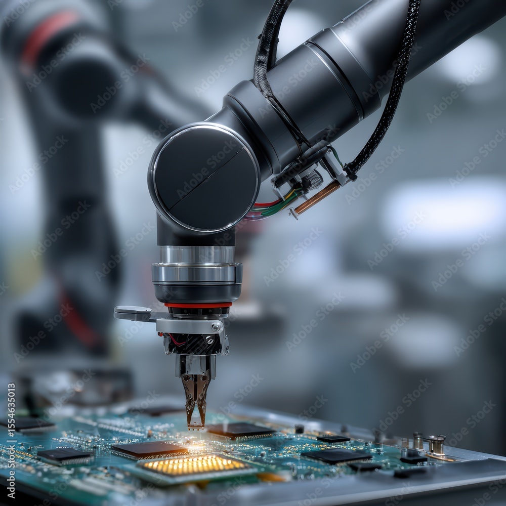 Poster robotic arm assembling components on circuit board in high-tech engineering environment