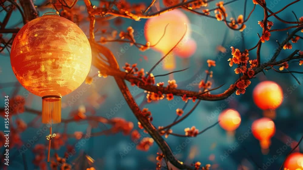 Poster a cluster of colorful paper lanterns suspended from a tree branch, perfect for festivals, parties, o