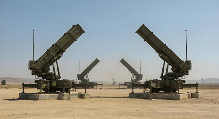 Symmetrical Patriot systems ready on a concrete launch pad.









