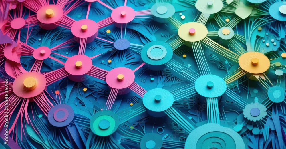 Poster abstract papercraft design. vibrant colors, layered shapes create complex network. modern, artistic 