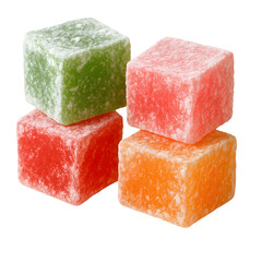 Colorful Assorted Fruit Jelly Candy Cubes on White Background: Sugary Sweet Confectionery Treats in Red, Green, Orange, and Yellow