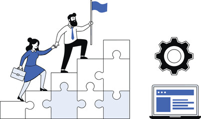 Collaborative Business Success: Teamwork, Problem Solving, and Strategic Implementation Represented by Interlocking Puzzle Piece Steps and Digital Tools