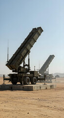 Obraz premium Symmetrical Patriot systems ready on a concrete launch pad.