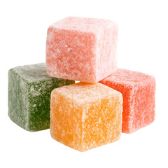Colorful Assorted Fruit Jelly Candy Cubes on White Background: Sugary Sweet Confectionery Treats in Red, Green, Orange, and Yellow