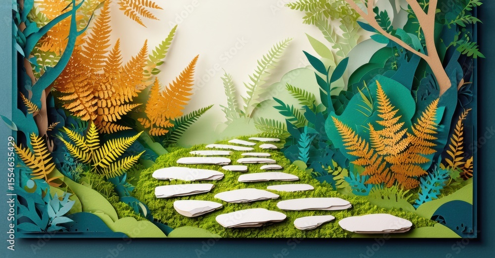 Poster papercraft forest scene. stone path winds through lush ferns, vibrant foliage. gentle light filters,
