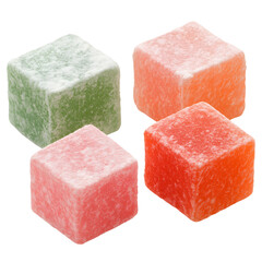 Colorful Assorted Fruit Jelly Candy Cubes on White Background: Sugary Sweet Confectionery Treats in Red, Green, Orange, and Yellow