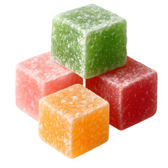 Colorful Assorted Fruit Jelly Candy Cubes on White Background: Sugary Sweet Confectionery Treats in Red, Green, Orange, and Yellow