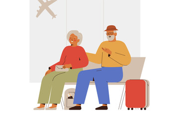 Senior Man and woman expect for departure in airport hall. Elderly couple talk and waiting their airplane. Mature Tourists going on vacation, journey or trip. Vector illustration