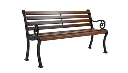 Old, empty wooden park bench isolated on white, a comfortable brown seat for garden relaxation or outdoor rest