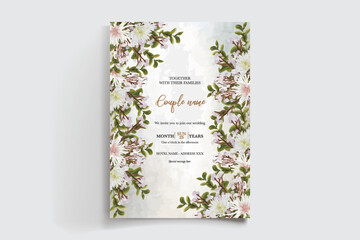 WEDDING INVITATION FRAME WITH FLOWER DECORATIONS AND FRESH LEAVES