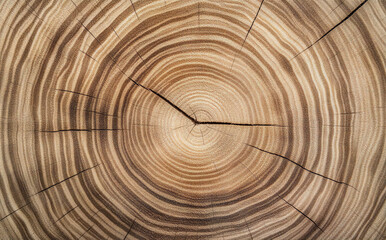 Fototapeta premium Close-Up Wooden Trunk Section with Visible Annual Rings and Felled Tree Stump on Textured Background, Ideal for Lumber Industry or Forestry Visuals