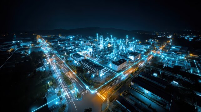 Nighttime Aerial View of Industrial Plant with High-Tech Connectivity and Bright Illuminated Systems
