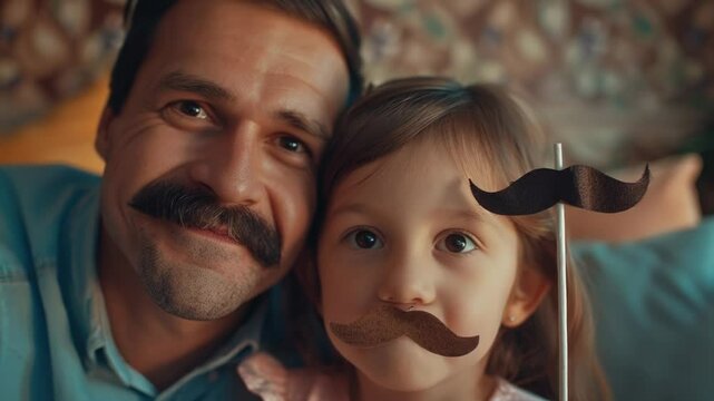 A playful moment between an adult male and a young girl, both wearing fake mustaches