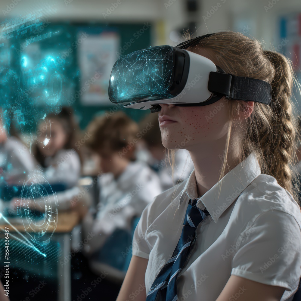 Poster young student engages in virtual reality learning experience in classroom setting with immersive tec