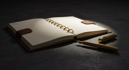 Open Leather Bound Notebook with Gold Pens Blank Pages Desk Still Life