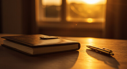 Golden Hour Leather Journal and Pen on Wooden Desk Sunset Window Light