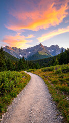 Path to Mountain Majesty: A winding path inviting exploration through a vibrant landscape, the road leading towards majestic mountains under a colorful sunset.