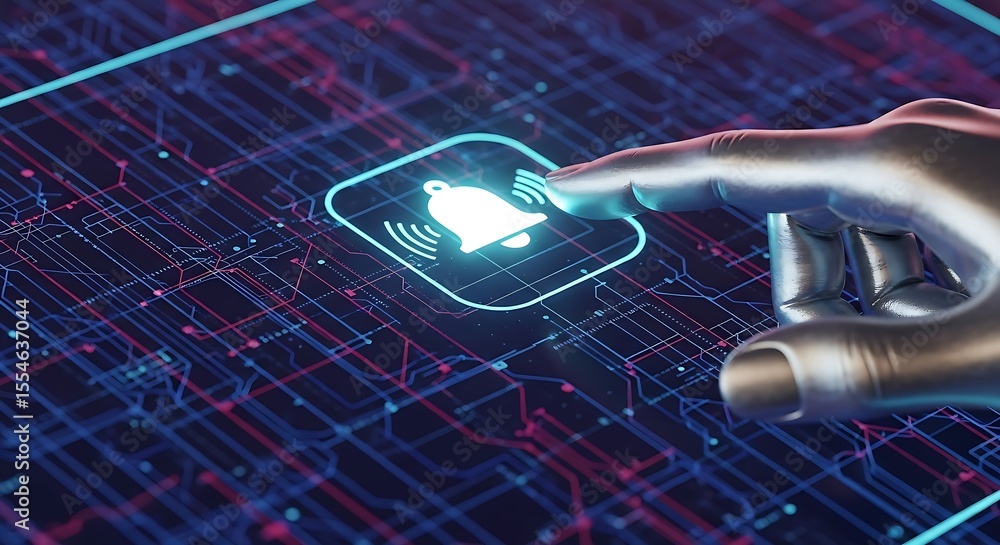 Aufkleber metallic hand touching glowing bell icon on a technological circuit board background, triggering not