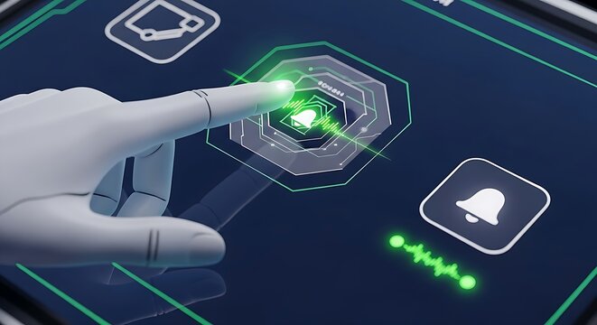 Robot hand interacts with a futuristic interface, showcasing technology and artificial intelligence with a glowing hexagon.